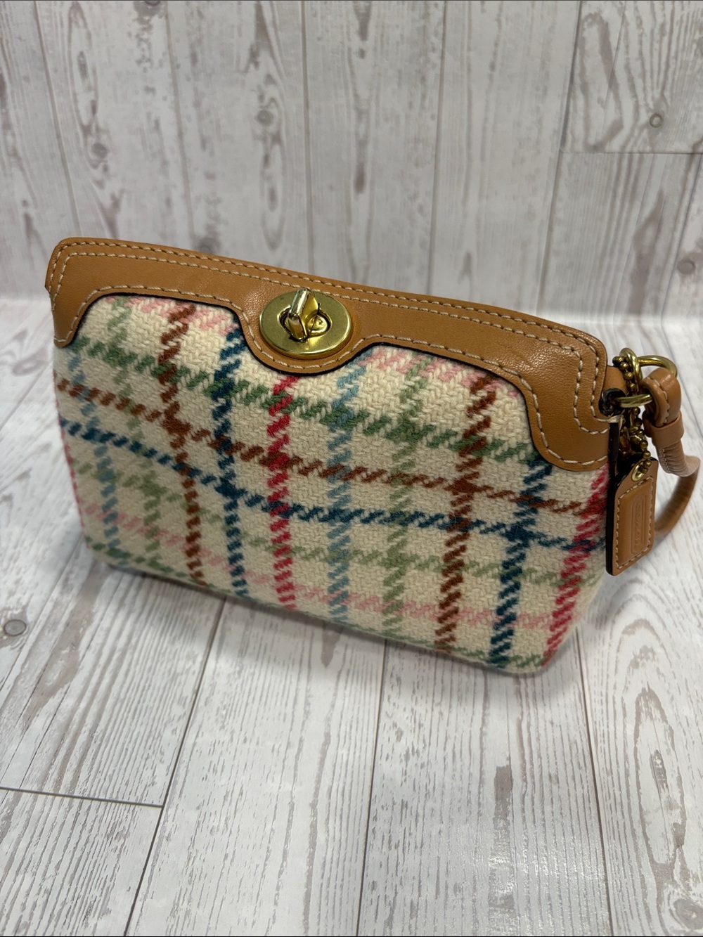 Vintage Coach Tattersall Plaid Tweed Turnlock Mini Bag Wristlet Y2K